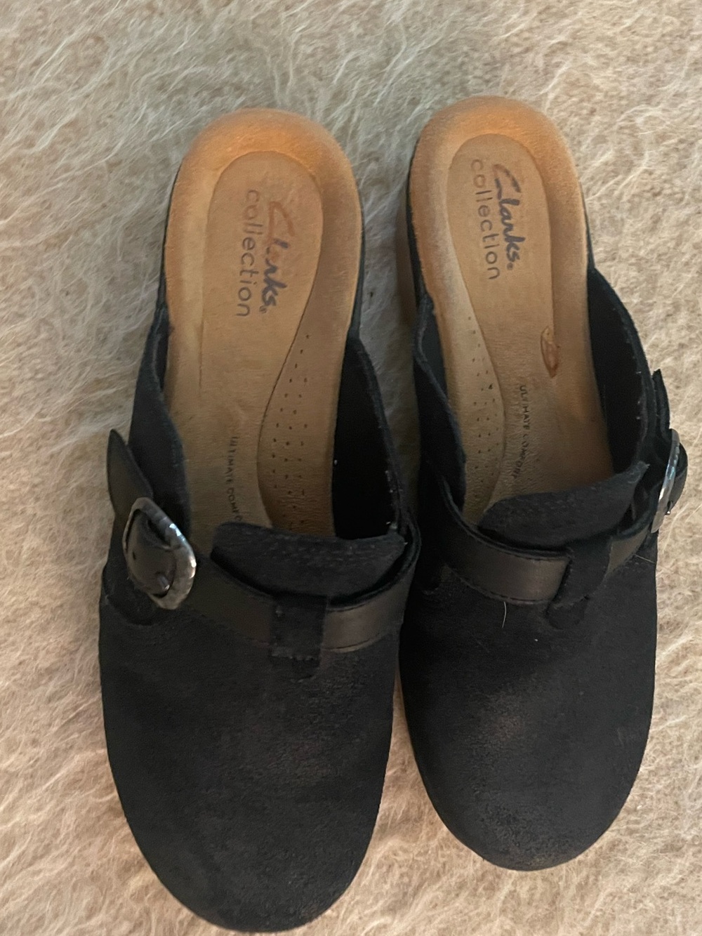 Clarks Black Suede Slip-On Mule Wood Clogs with Buckle